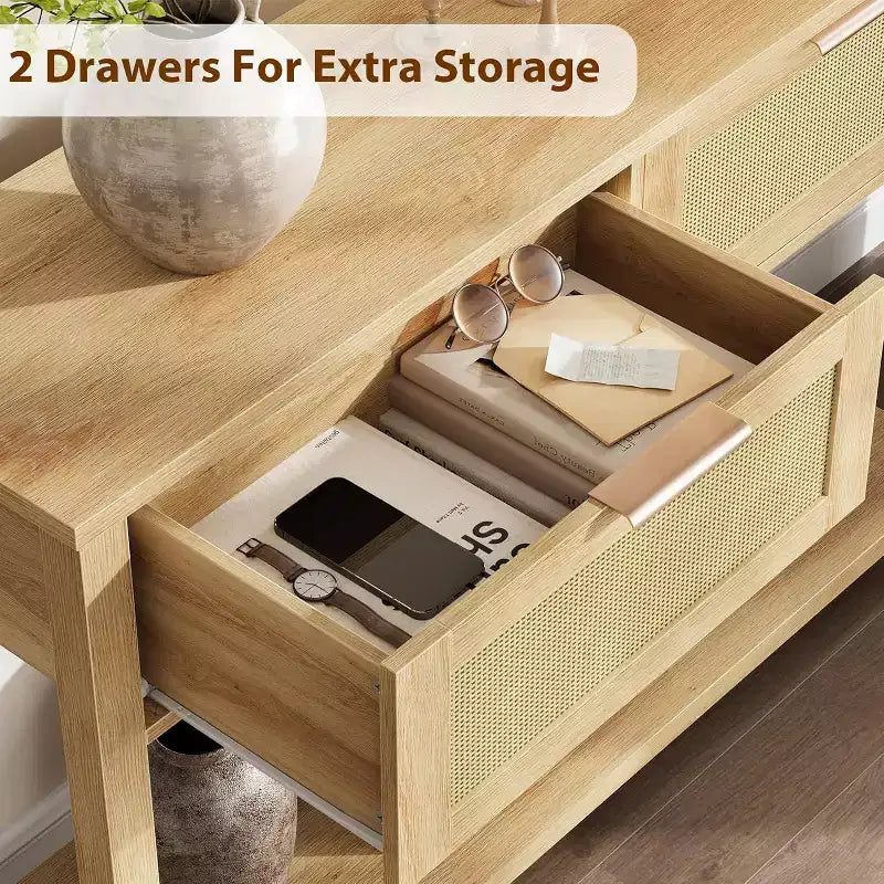 43'' Rattan Console Sofa Table, 2 Drawer Entryway Table with Synthetic Rattan Surface, Open Shelf, Behind Couch Entry Foyer Hallway Storage