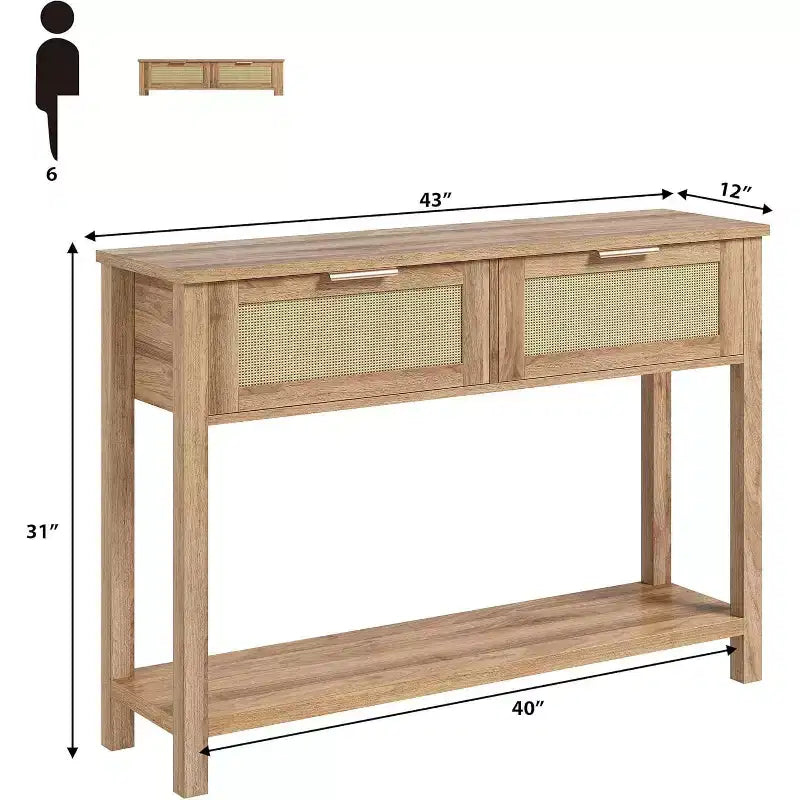 43'' Rattan Console Sofa Table, 2 Drawer Entryway Table with Synthetic Rattan Surface, Open Shelf, Behind Couch Entry Foyer Hallway Storage