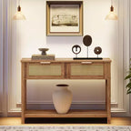 43'' Rattan Console Sofa Table, 2 Drawer Entryway Table with Synthetic Rattan Surface, Open Shelf, Behind Couch Entry Foyer Hallway Storage