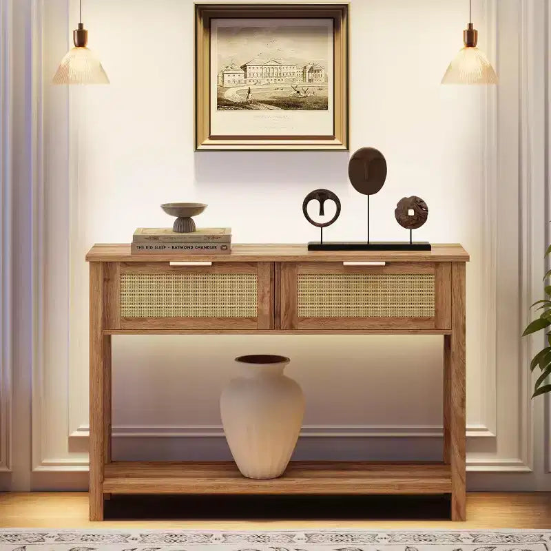 43'' Rattan Console Sofa Table, 2 Drawer Entryway Table with Synthetic Rattan Surface, Open Shelf, Behind Couch Entry Foyer Hallway Storage