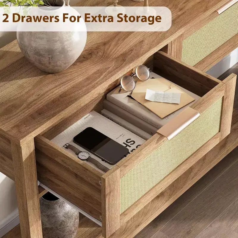 43'' Rattan Console Sofa Table, 2 Drawer Entryway Table with Synthetic Rattan Surface, Open Shelf, Behind Couch Entry Foyer Hallway Storage