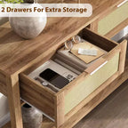 43'' Rattan Console Sofa Table, 2 Drawer Entryway Table with Synthetic Rattan Surface, Open Shelf, Behind Couch Entry Foyer Hallway Storage