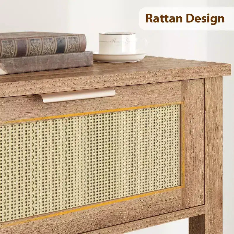 43'' Rattan Console Sofa Table, 2 Drawer Entryway Table with Synthetic Rattan Surface, Open Shelf, Behind Couch Entry Foyer Hallway Storage