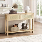 43'' Rattan Console Sofa Table, 2 Drawer Entryway Table with Synthetic Rattan Surface, Open Shelf, Behind Couch Entry Foyer Hallway Storage