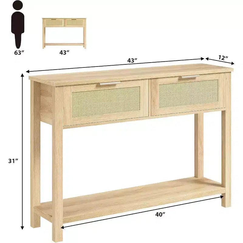 43'' Rattan Console Sofa Table, 2 Drawer Entryway Table with Synthetic Rattan Surface, Open Shelf, Behind Couch Entry Foyer Hallway Storage