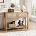 43'' Rattan Console Sofa Table, 2 Drawer Entryway Table with Synthetic Rattan Surface, Open Shelf, Behind Couch Entry Foyer Hallway Storage