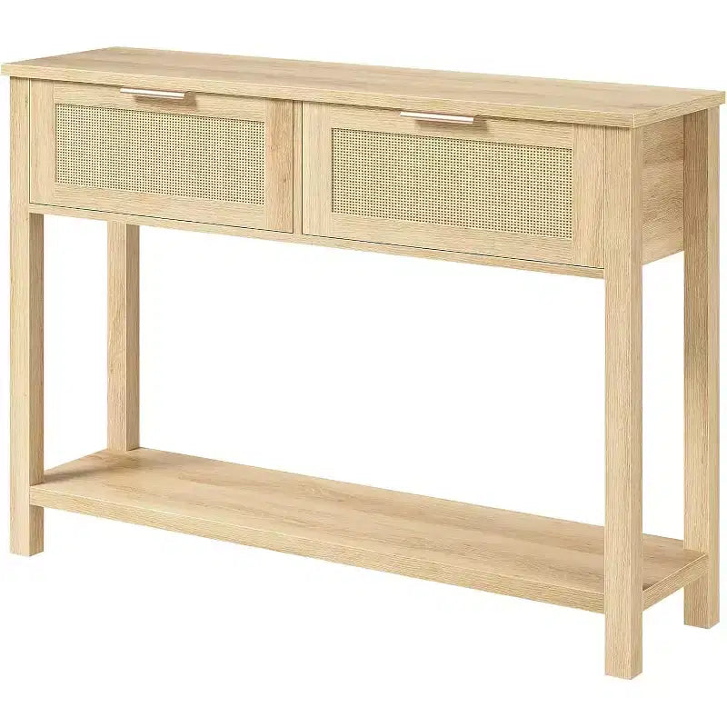43'' Rattan Console Sofa Table, 2 Drawer Entryway Table with Synthetic Rattan Surface, Open Shelf, Behind Couch Entry Foyer Hallway Storage