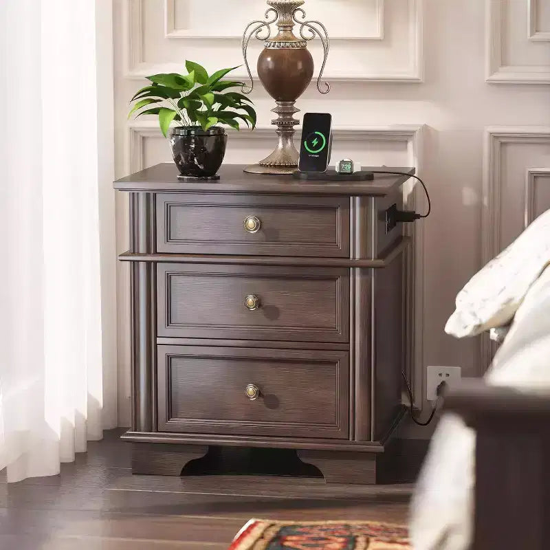 VINGLI 24 W Nightstand with Charging Station, Wood Nightstand with Textured Drawers
