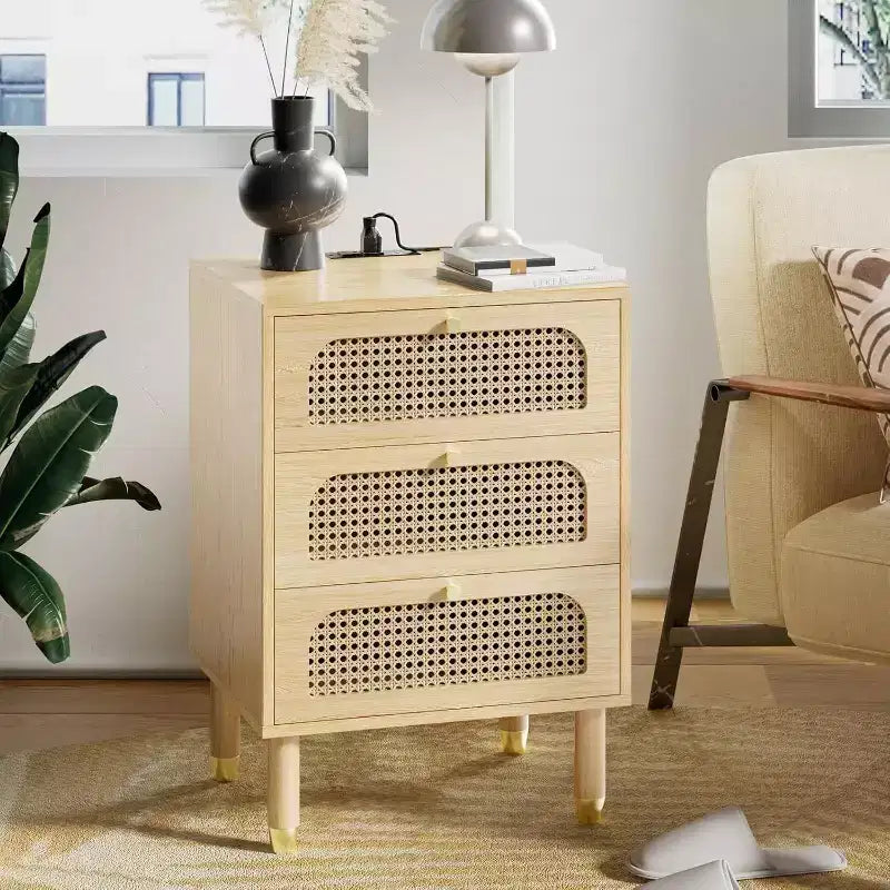 VINGLI Rattan Nightstand, 3 Drawer Nightstand for Bedroom, Boho Furniture Bedroom, 27 Tall Night Stand
