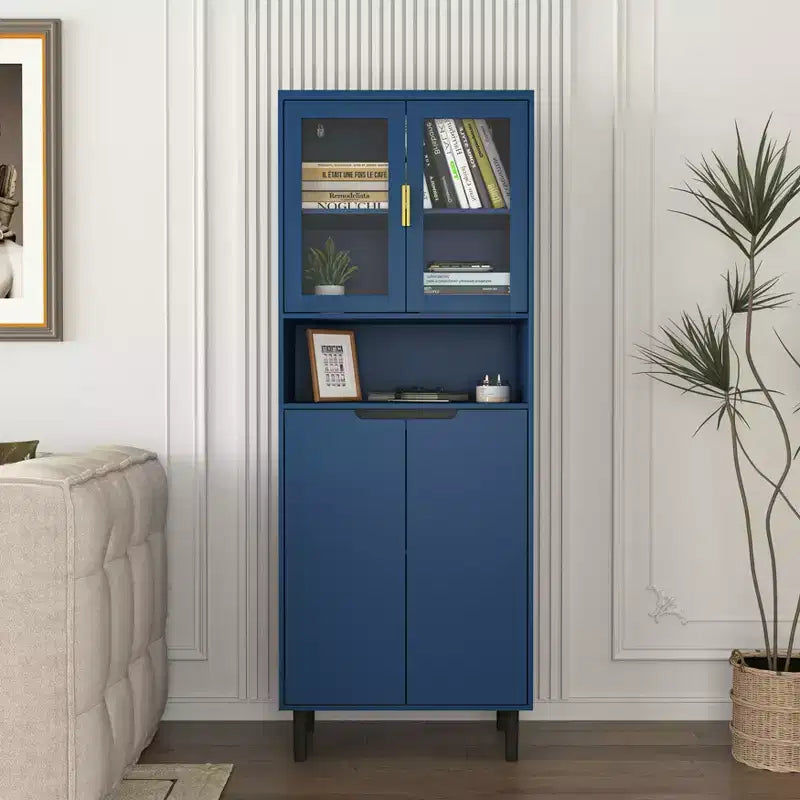 Tempered Glass Door Tall Storage Bookcase with adjustable board, 4 doors MDF painting finished cabinet, Navy Blue, Living room Bedroom storage