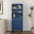 Tempered Glass Door Tall Storage Bookcase with adjustable board, 4 doors MDF painting finished cabinet, Navy Blue, Living room Bedroom storage
