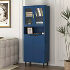 Tempered Glass Door Tall Storage Bookcase with adjustable board, 4 doors MDF painting finished cabinet, Navy Blue, Living room Bedroom storage