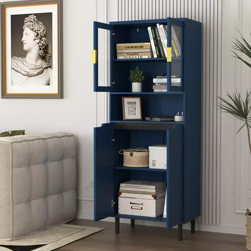 Tempered Glass Door Tall Storage Bookcase with adjustable board, 4 doors MDF painting finished cabinet, Navy Blue, Living room Bedroom storage