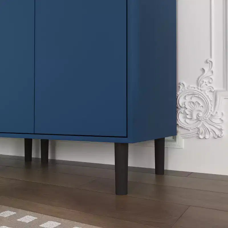 Tempered Glass Door Tall Storage Bookcase with adjustable board, 4 doors MDF painting finished cabinet, Navy Blue, Living room Bedroom storage