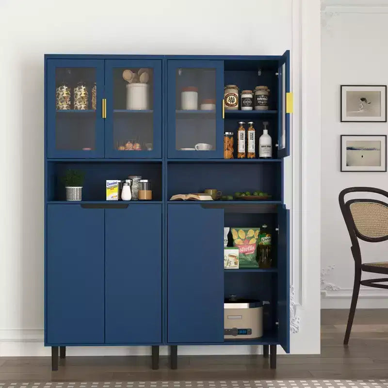 Tempered Glass Door Tall Storage Bookcase with adjustable board, 4 doors MDF painting finished cabinet, Navy Blue, Living room Bedroom storage