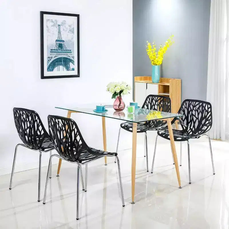 Modern Stackable Dining Chair Set of 4, Black, Plastic Birch Sapling Chairs for Dining Room, Living Room, Office