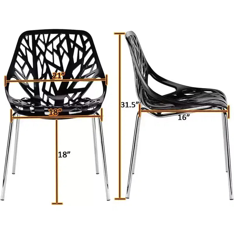 Modern Stackable Dining Chair Set of 4, Black, Plastic Birch Sapling Chairs for Dining Room, Living Room, Office