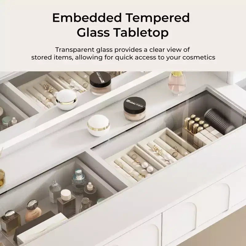 48 Makeup Vanity with Mirror and Lights, Fluted Modern Vanity with Glass top & Storage Cabinet
