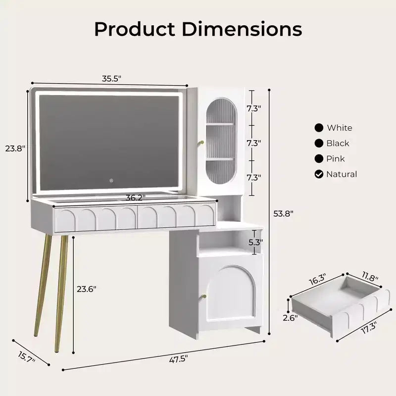 48 Makeup Vanity with Mirror and Lights, Fluted Modern Vanity with Glass top & Storage Cabinet