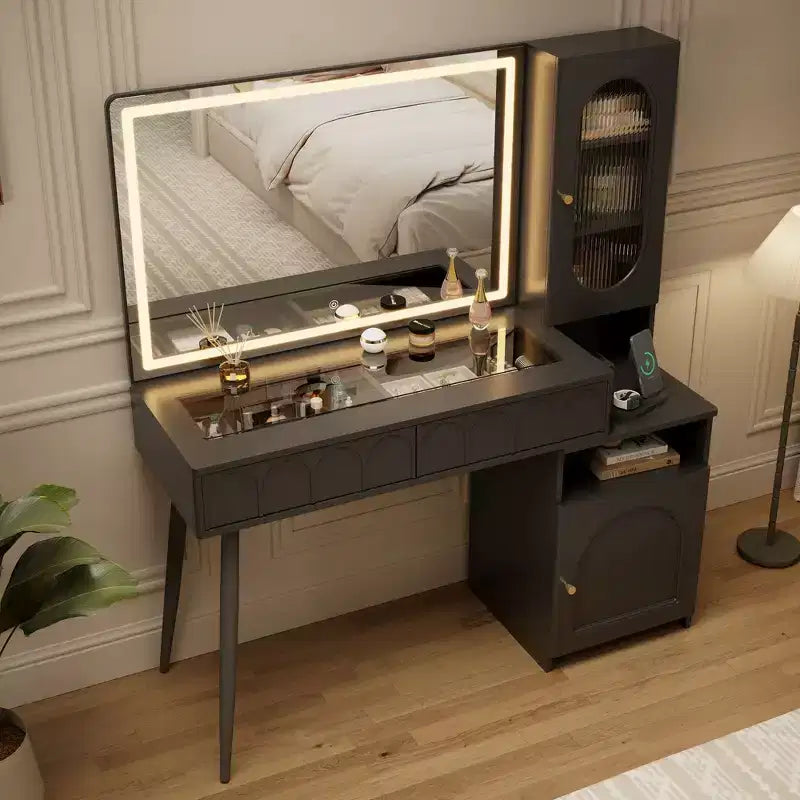 48 Makeup Vanity with Mirror and Lights, Fluted Modern Vanity with Glass top & Storage Cabinet