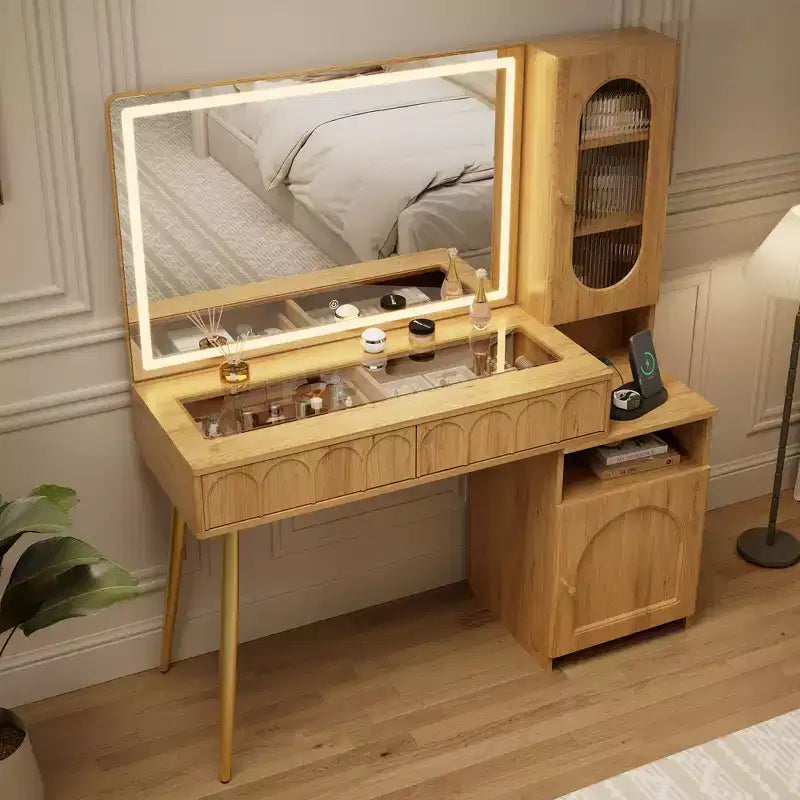 48 Makeup Vanity with Mirror and Lights, Fluted Modern Vanity with Glass top & Storage Cabinet