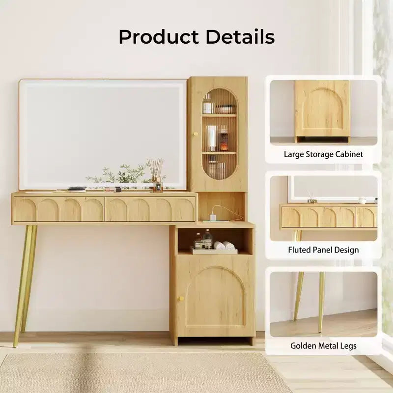 48 Makeup Vanity with Mirror and Lights, Fluted Modern Vanity with Glass top & Storage Cabinet