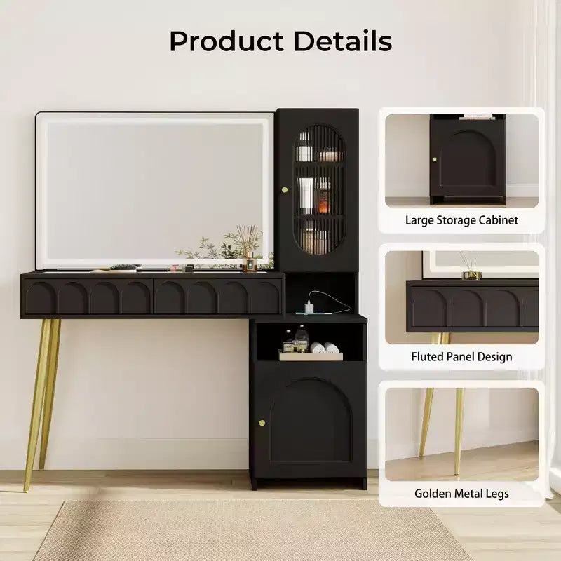 48 Makeup Vanity with Mirror and Lights, Fluted Modern Vanity with Glass top & Storage Cabinet