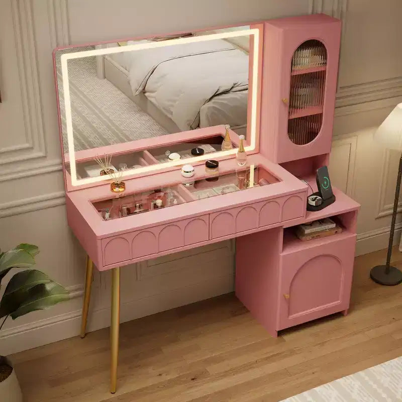 48 Makeup Vanity with Mirror and Lights, Fluted Modern Vanity with Glass top & Storage Cabinet