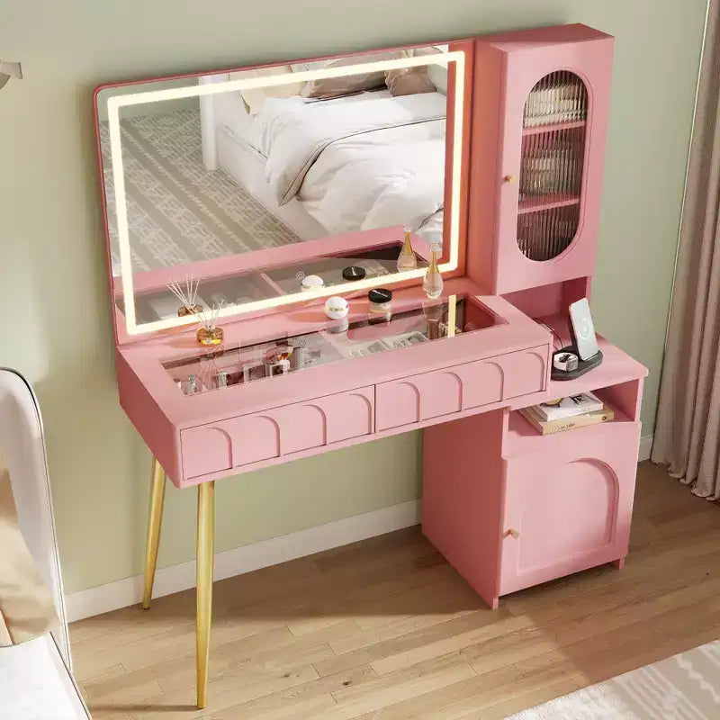 48 Makeup Vanity with Mirror and Lights, Fluted Modern Vanity with Glass top & Storage Cabinet