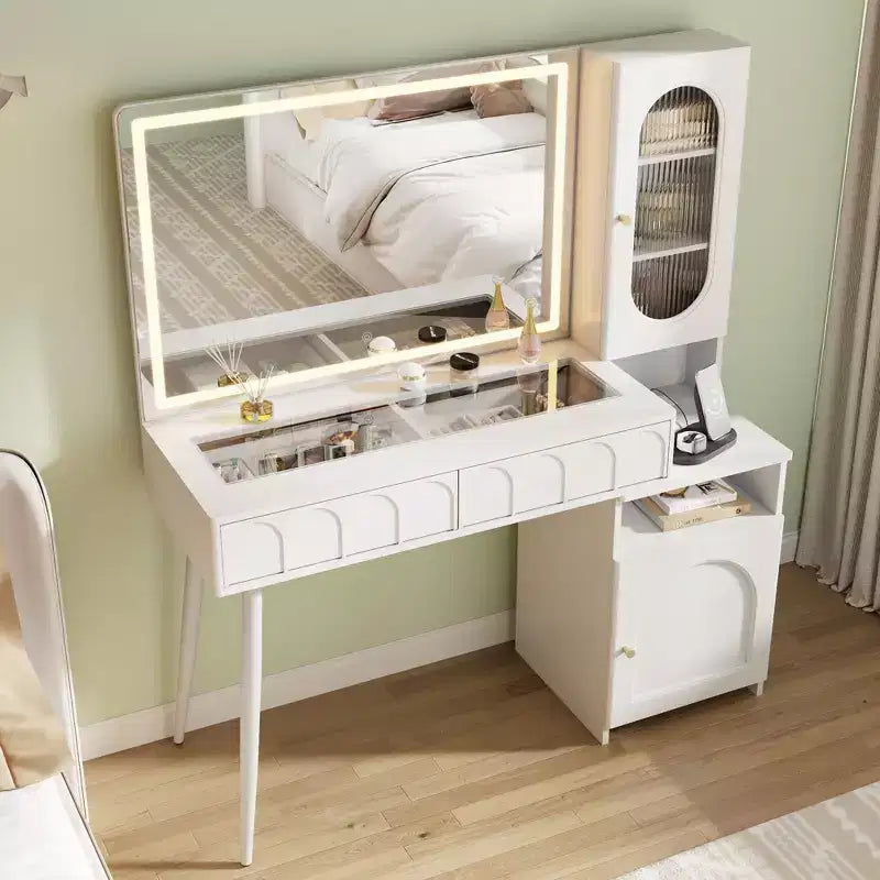 48 Makeup Vanity with Mirror and Lights, Fluted Modern Vanity with Glass top & Storage Cabinet