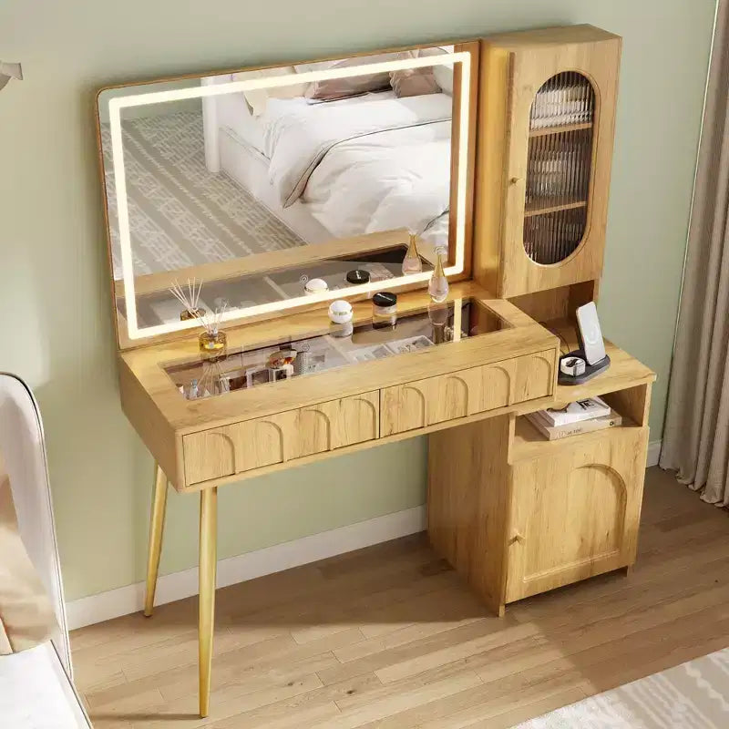 48 Makeup Vanity with Mirror and Lights, Fluted Modern Vanity with Glass top & Storage Cabinet