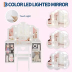 Vanity Table with Light, 2 in 1 Princess Makeup Desk with Touch Light Detachable Tri-Folding Mirror