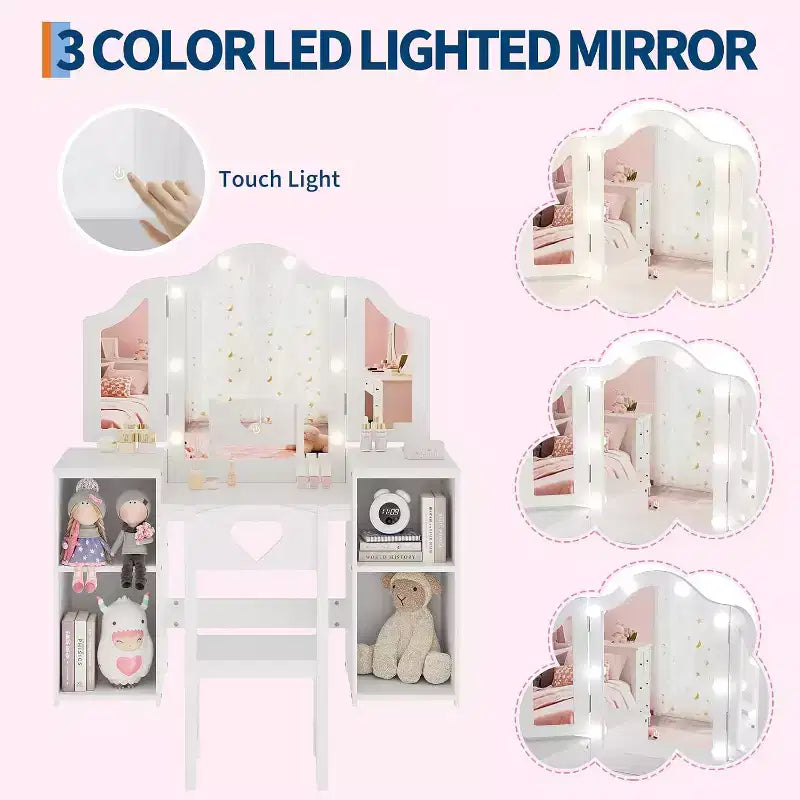 Vanity Table with Light, 2 in 1 Princess Makeup Desk with Touch Light Detachable Tri-Folding Mirror