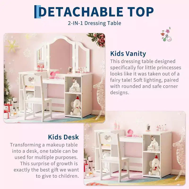 Vanity Table with Light, 2 in 1 Princess Makeup Desk with Touch Light Detachable Tri-Folding Mirror