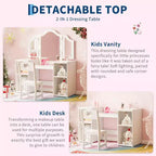 Vanity Table with Light, 2 in 1 Princess Makeup Desk with Touch Light Detachable Tri-Folding Mirror