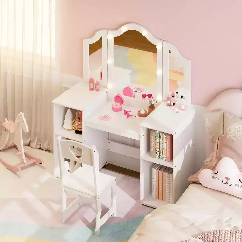 Vanity Table with Light, 2 in 1 Princess Makeup Desk with Touch Light Detachable Tri-Folding Mirror