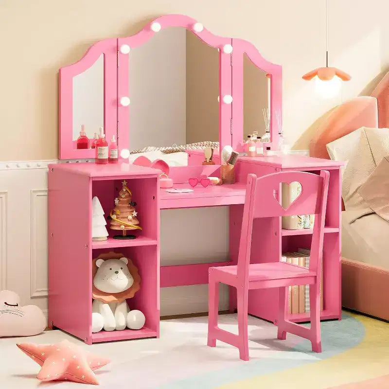 Vanity Table with Light, 2 in 1 Princess Makeup Desk with Touch Light Detachable Tri-Folding Mirror
