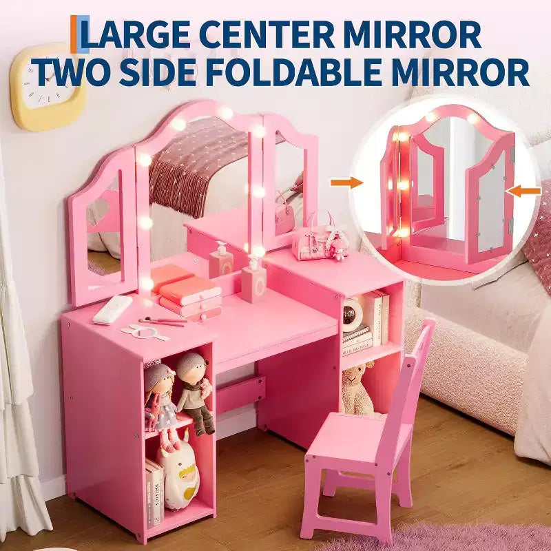 Vanity Table with Light, 2 in 1 Princess Makeup Desk with Touch Light Detachable Tri-Folding Mirror