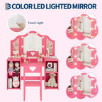 Vanity Table with Light, 2 in 1 Princess Makeup Desk with Touch Light Detachable Tri-Folding Mirror