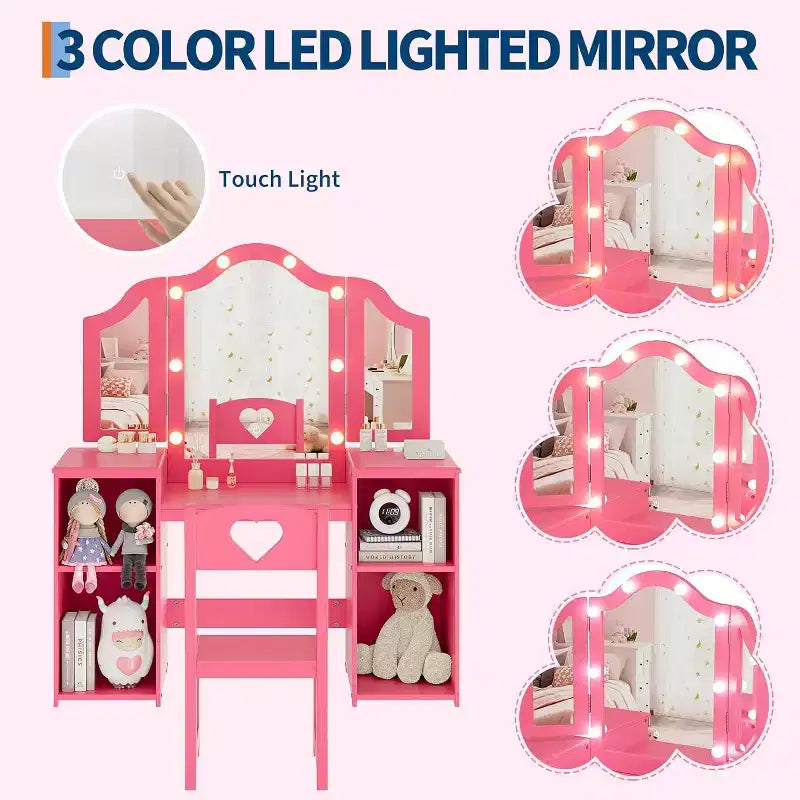 Vanity Table with Light, 2 in 1 Princess Makeup Desk with Touch Light Detachable Tri-Folding Mirror