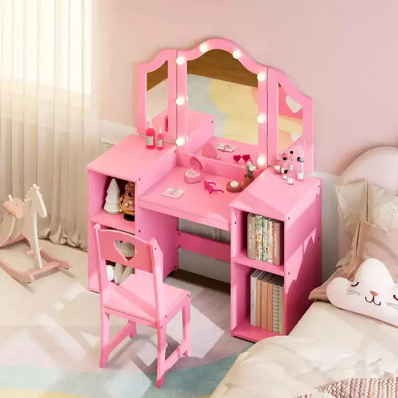 Vanity Table with Light, 2 in 1 Princess Makeup Desk with Touch Light Detachable Tri-Folding Mirror