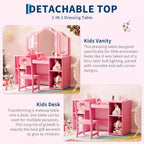 Vanity Table with Light, 2 in 1 Princess Makeup Desk with Touch Light Detachable Tri-Folding Mirror