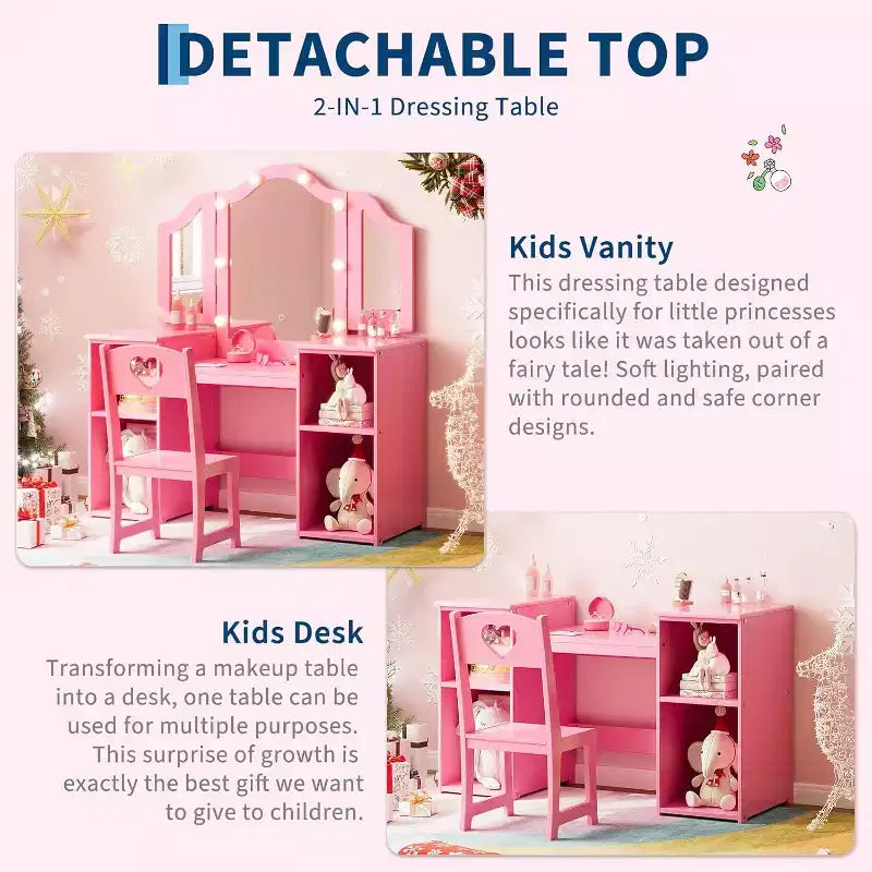 Vanity Table with Light, 2 in 1 Princess Makeup Desk with Touch Light Detachable Tri-Folding Mirror