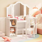 Vanity Table with Light, 2 in 1 Princess Makeup Desk with Touch Light Detachable Tri-Folding Mirror