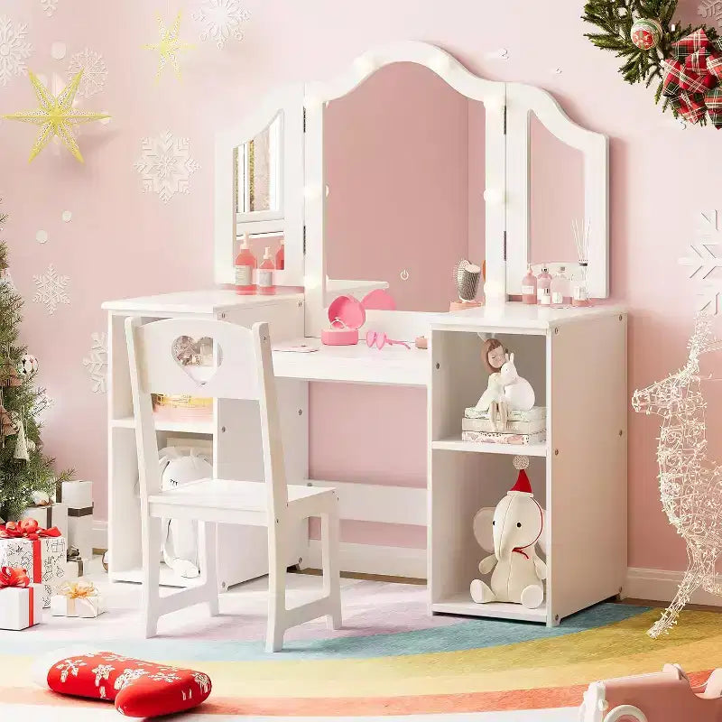 Vanity Table with Light, 2 in 1 Princess Makeup Desk with Touch Light Detachable Tri-Folding Mirror
