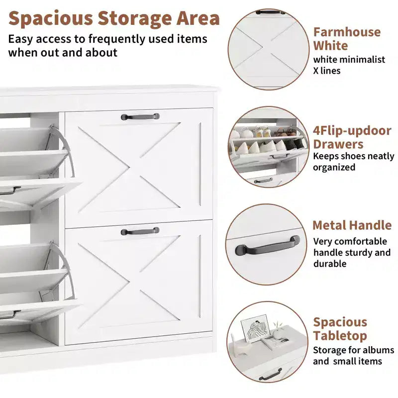 Shoe Storage Cabinet with 4 Flip Drawers, Freestanding Hidden Shoe Organizer, Wooden Shoe Rack Cabinet for Hallway Living Room Apartment