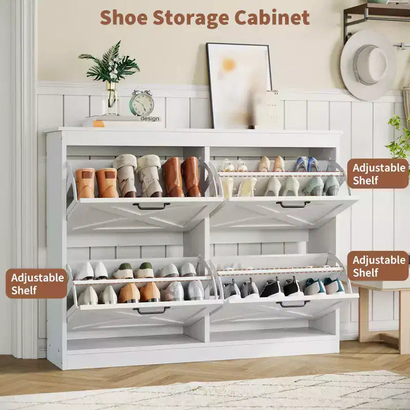 Shoe Storage Cabinet with 4 Flip Drawers, Freestanding Hidden Shoe Organizer, Wooden Shoe Rack Cabinet for Hallway Living Room Apartment