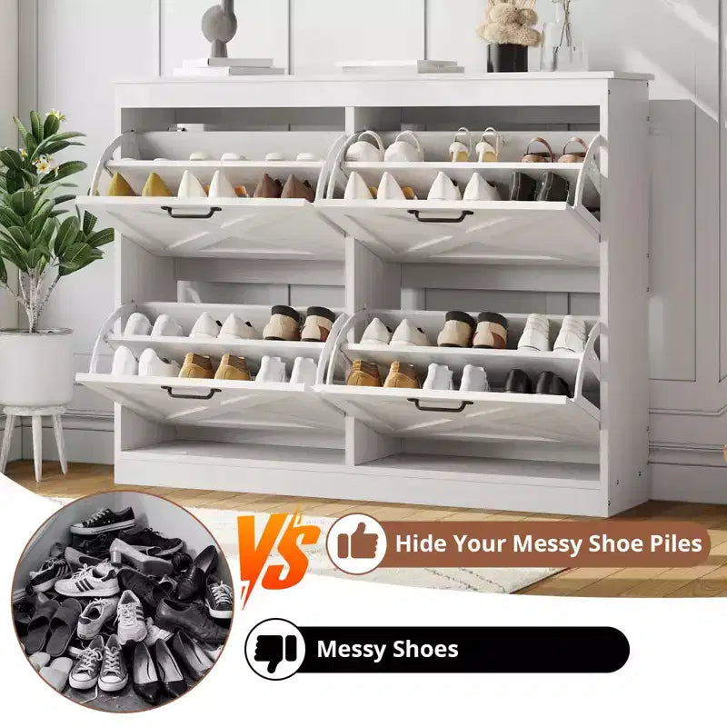 Shoe Storage Cabinet with 4 Flip Drawers, Freestanding Hidden Shoe Organizer, Wooden Shoe Rack Cabinet for Hallway Living Room Apartment