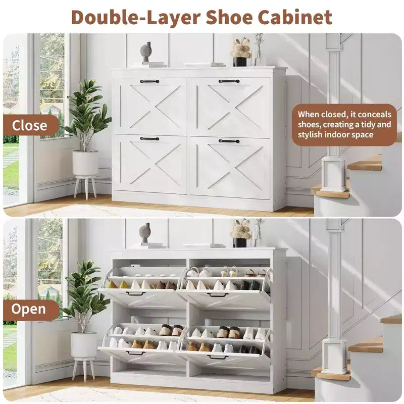 Shoe Storage Cabinet with 4 Flip Drawers, Freestanding Hidden Shoe Organizer, Wooden Shoe Rack Cabinet for Hallway Living Room Apartment