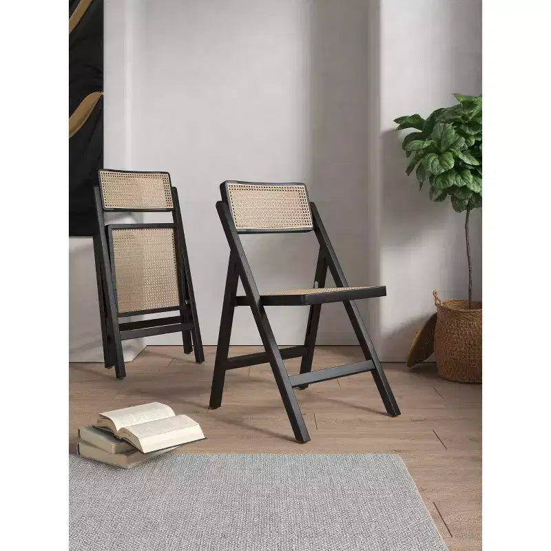 Set of 4 Cane Folding Dining Chairs Black/Natural: Solid Wood, No Assembly Required, Matte Finish